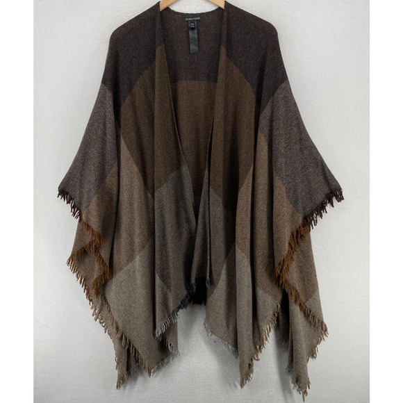 Eileen Fisher Accessories - EILEEN FISHER Poncho OS Wool Blend Viaggio Serape Wrap Shawl Fringe Brown Italy